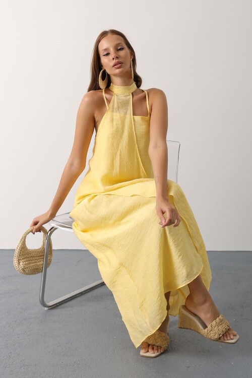 Sarı Asimetrik Bağlamalı Çıkarılabilir Yaka Uzun Bohem Elbise
