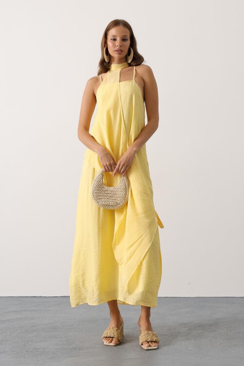 Sarı Asimetrik Bağlamalı Çıkarılabilir Yaka Uzun Bohem Elbise