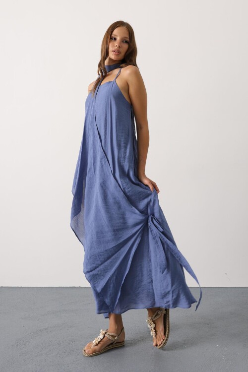 İndigo Asimetrik Bağlamalı Çıkarılabilir Yaka Uzun Bohem Elbise