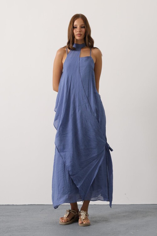 İndigo Asimetrik Bağlamalı Çıkarılabilir Yaka Uzun Bohem Elbise