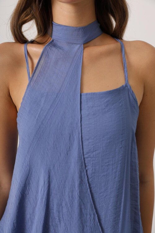 İndigo Asimetrik Bağlamalı Çıkarılabilir Yaka Uzun Bohem Elbise