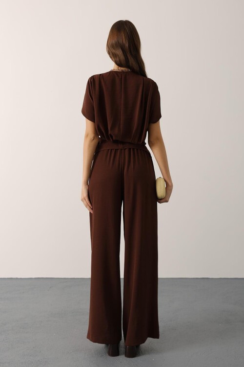 Kahve Asimetrik Kesim Bluz Ve Beli Lastikli Pantolon Takım