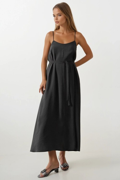 Koyu Antrasit İnce İp Askılı Kuşaklı Midi Boy Elbise