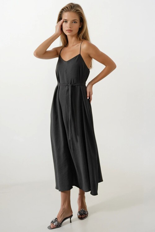 Koyu Antrasit İnce İp Askılı Kuşaklı Midi Boy Elbise