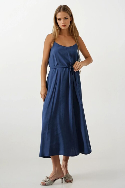 İndigo İnce İp Askılı Kuşaklı Midi Boy Elbise