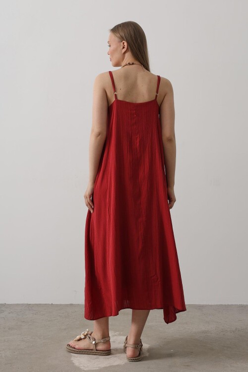 Bordo İnce Askılı Midi Boy Elbise