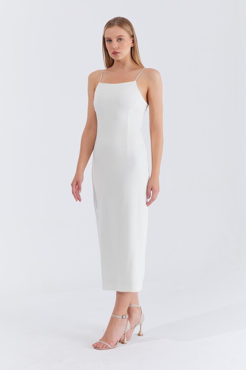 Ekru Askılı Bağlama Detaylı Desenli Midi Boy Elbise