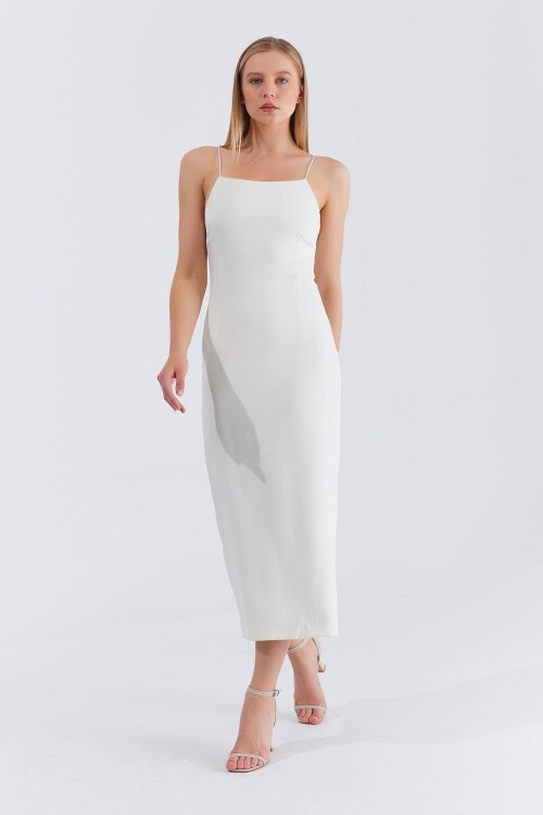 Ekru Askılı Bağlama Detaylı Desenli Midi Boy Elbise