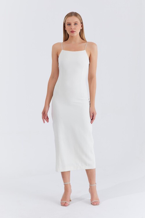 Ekru Askılı Bağlama Detaylı Desenli Midi Boy Elbise