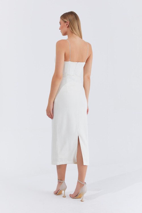 Ekru Askılı Bağlama Detaylı Desenli Midi Boy Elbise