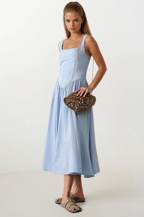 Mavi Askılı Eteği Pileli Maxi Boy Elbise