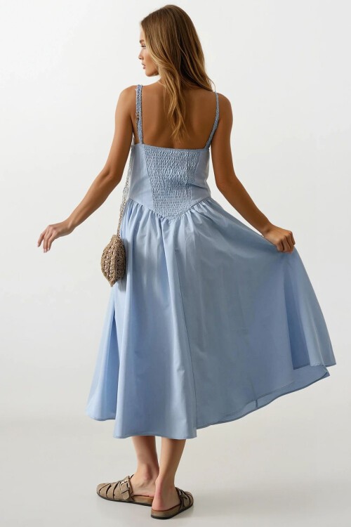 Mavi Askılı Eteği Pileli Maxi Boy Elbise