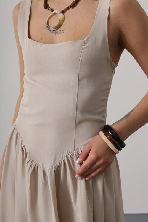 Taş Askılı Eteği Pileli Maxi Boy Elbise