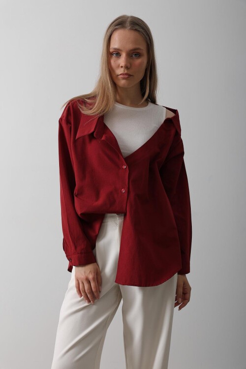 Bordo Bisiklet Yaka Atlet Ve Oversize Gömlek