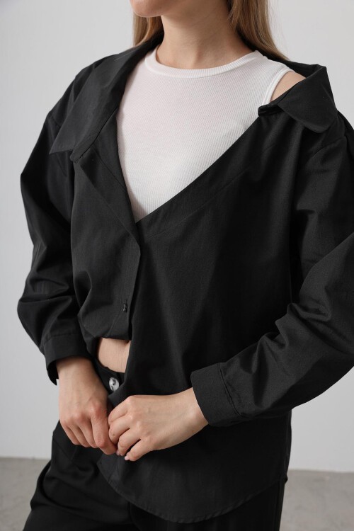 Siyah Bisiklet Yaka Atlet Ve Oversize Gömlek