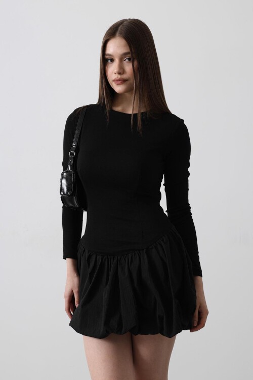 Siyah Bisiklet Yaka Balon Etekli Mini Elbise