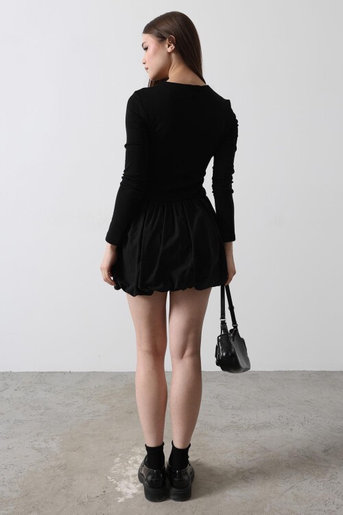 Siyah Bisiklet Yaka Balon Etekli Mini Elbise