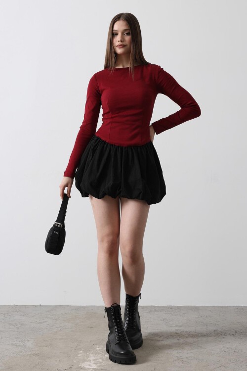 Bordo Bisiklet Yaka Balon Etekli Mini Elbise