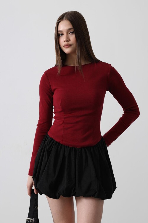 Bordo Bisiklet Yaka Balon Etekli Mini Elbise