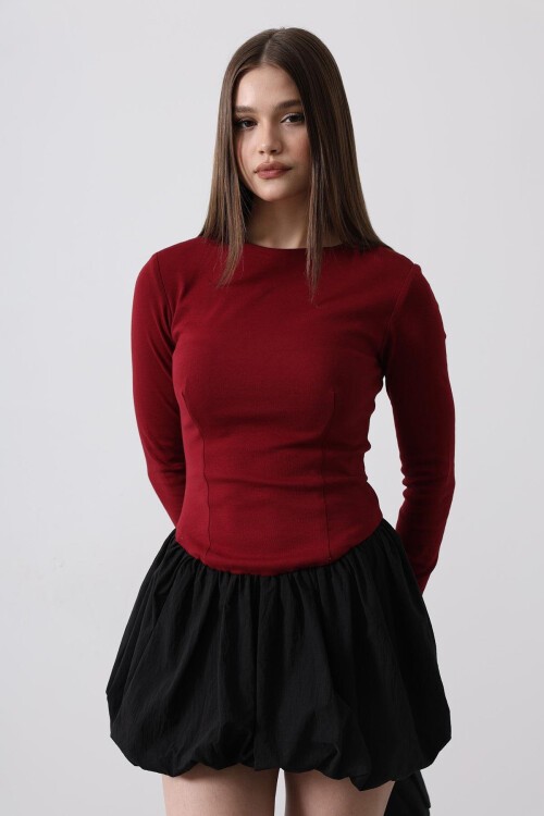 Bordo Bisiklet Yaka Balon Etekli Mini Elbise