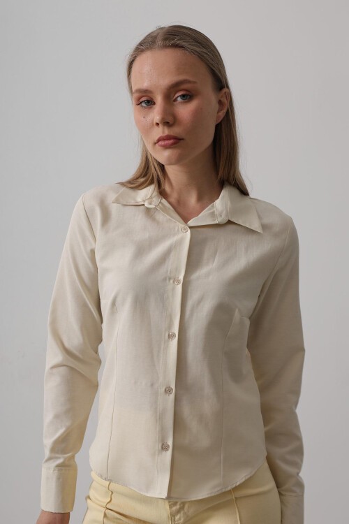 Ekru Slim Fit Uzun Kol Basic Gömlek