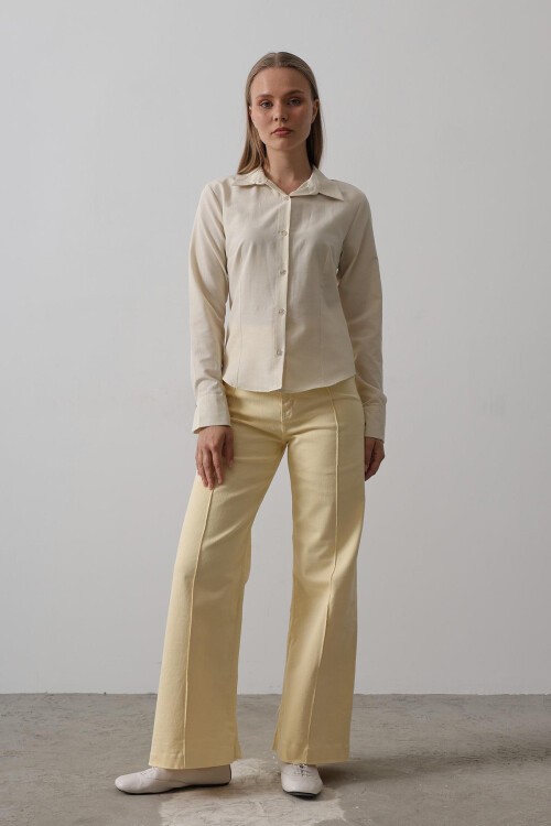 Ekru Slim Fit Uzun Kol Basic Gömlek