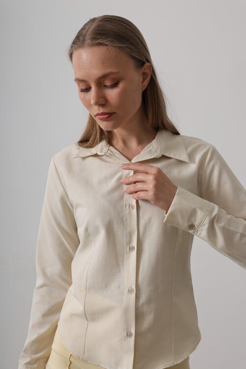 Ekru Slim Fit Uzun Kol Basic Gömlek
