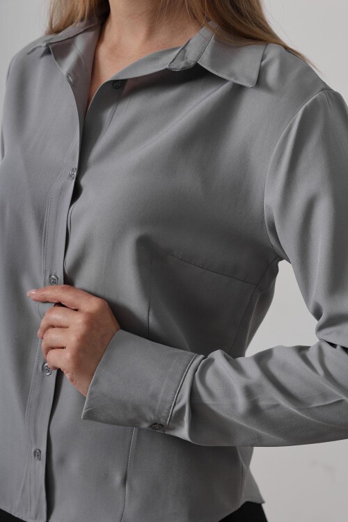 Gri Slim Fit Uzun Kol Basic Gömlek