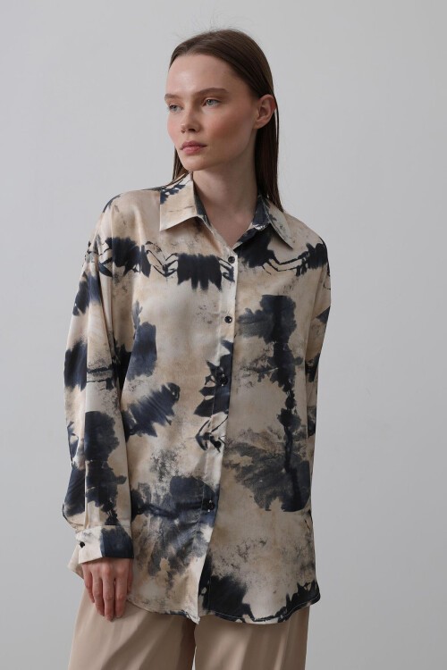 Lacivert Batik Desenli Oversize Gömlek
