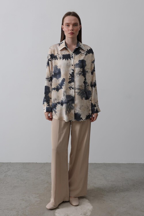 Lacivert Batik Desenli Oversize Gömlek