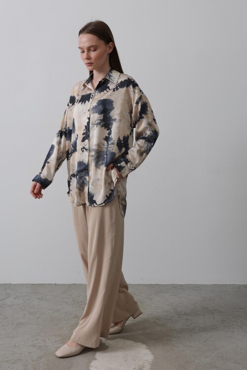 Lacivert Batik Desenli Oversize Gömlek