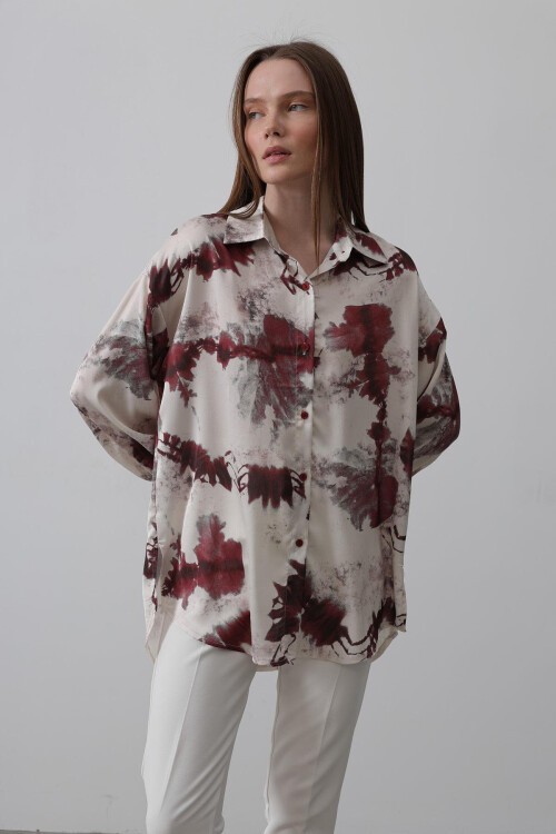 Bordo Batik Desenli Oversize Gömlek