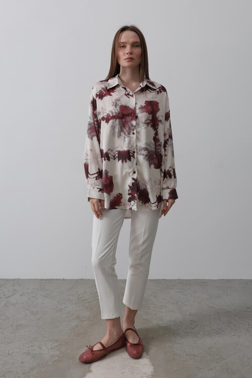 Bordo Batik Desenli Oversize Gömlek
