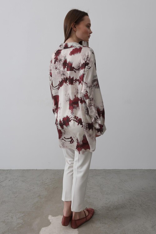 Bordo Batik Desenli Oversize Gömlek