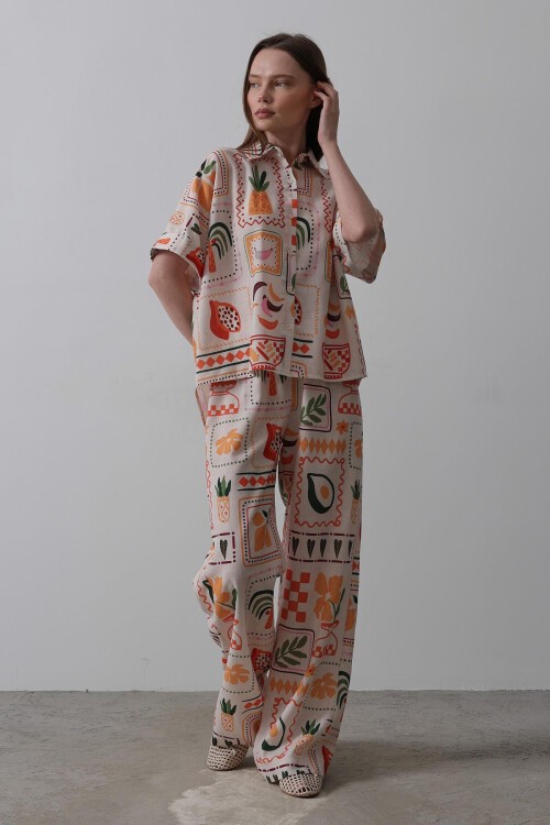 Taş Baskılı Kısa Kol Gömlek Ve Pantolon Takım