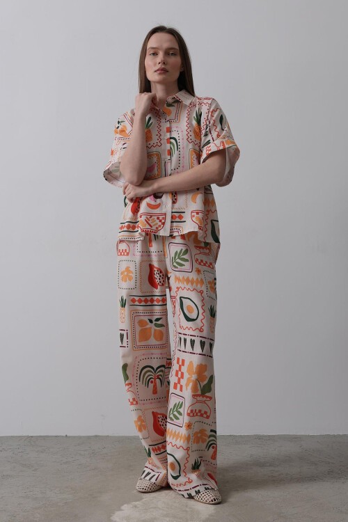 Taş Baskılı Kısa Kol Gömlek Ve Pantolon Takım