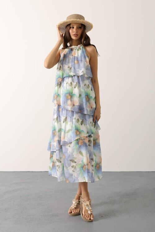 Mavi Baskılı Yaka Detaylı Kat Kat Elbise