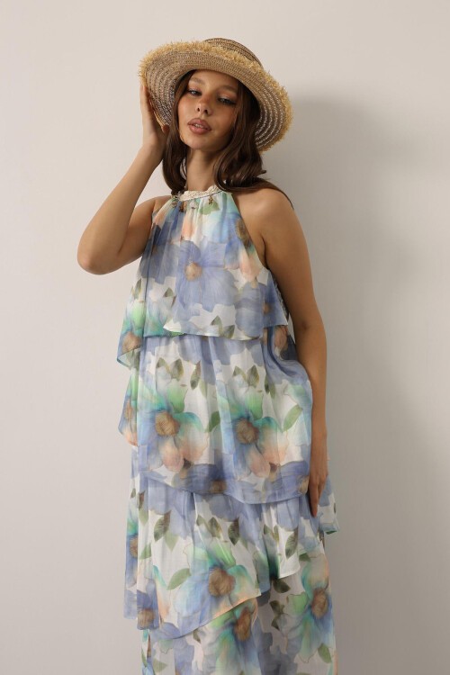 Mavi Baskılı Yaka Detaylı Kat Kat Elbise