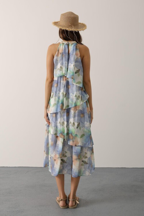 Mavi Baskılı Yaka Detaylı Kat Kat Elbise