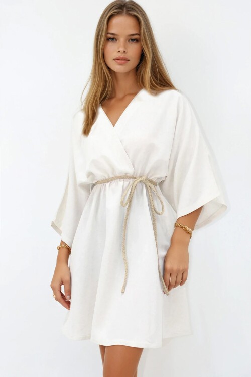 Bej Kruvaze Yaka Kuşaklı Keten  Mini Elbise