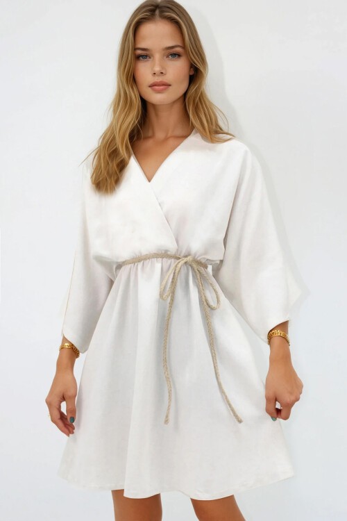 Bej Kruvaze Yaka Kuşaklı Keten  Mini Elbise