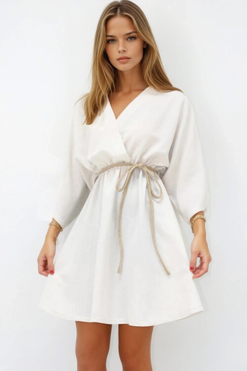 Bej Kruvaze Yaka Kuşaklı Keten  Mini Elbise