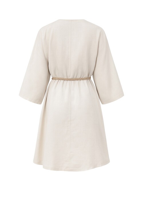 Bej Kruvaze Yaka Kuşaklı Keten  Mini Elbise