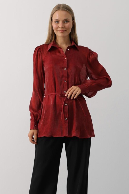 Bordo Belden Bağlamalı Uzun Kollu Oversize Gömlek