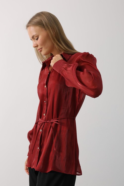 Bordo Belden Bağlamalı Uzun Kollu Oversize Gömlek