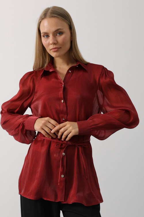 Bordo Belden Bağlamalı Uzun Kollu Oversize Gömlek