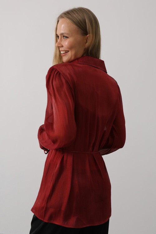 Bordo Belden Bağlamalı Uzun Kollu Oversize Gömlek
