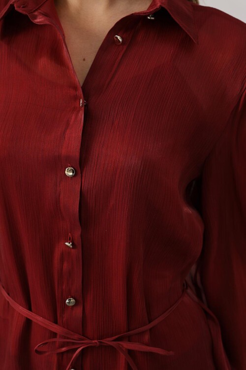Bordo Belden Bağlamalı Uzun Kollu Oversize Gömlek