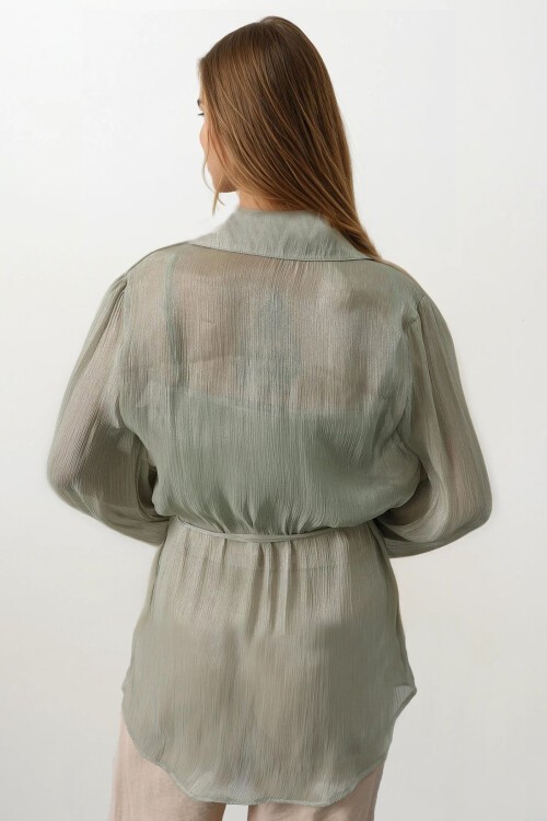 Haki Belden Bağlamalı Uzun Kollu Oversize Gömlek