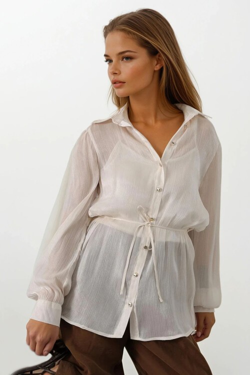 Taş Belden Bağlamalı Uzun Kollu Oversize Gömlek